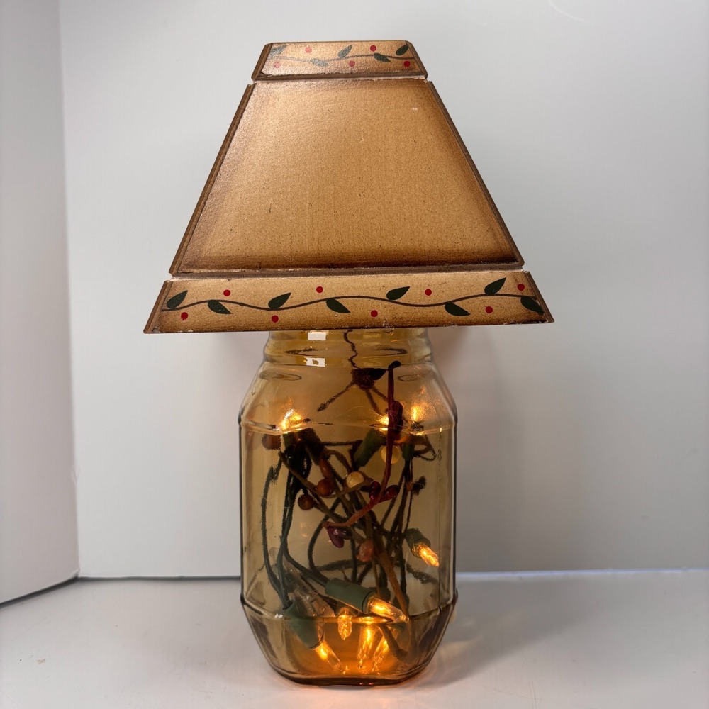 Lighted Jar Accent Lamp w Wooden Shade Lighted Berry Cottage Farmhouse Decor - Picture 8 of 10